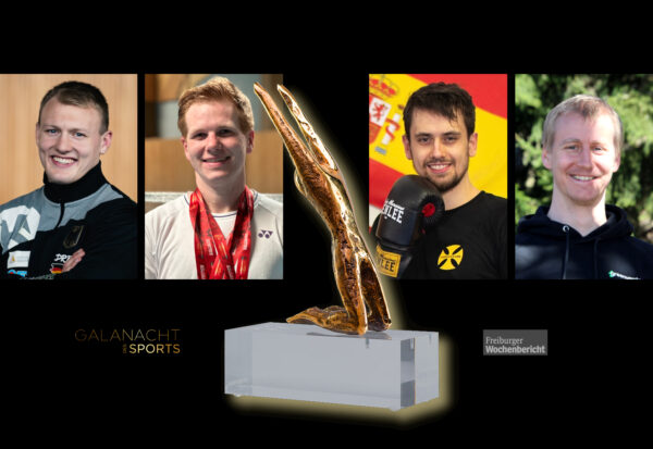 Diese vier Sportlerinnen stehen zur Wahl bei der Abstimmung zu Freiburgs Sportler des Jahres 2025 (von links): Ringer Lars Schäfle, Badminton-Spieler Matthias Kroll, Kickboxer Viveka Loeck und Arne Groß im Ultimate Frisbee. Fotos: Privat